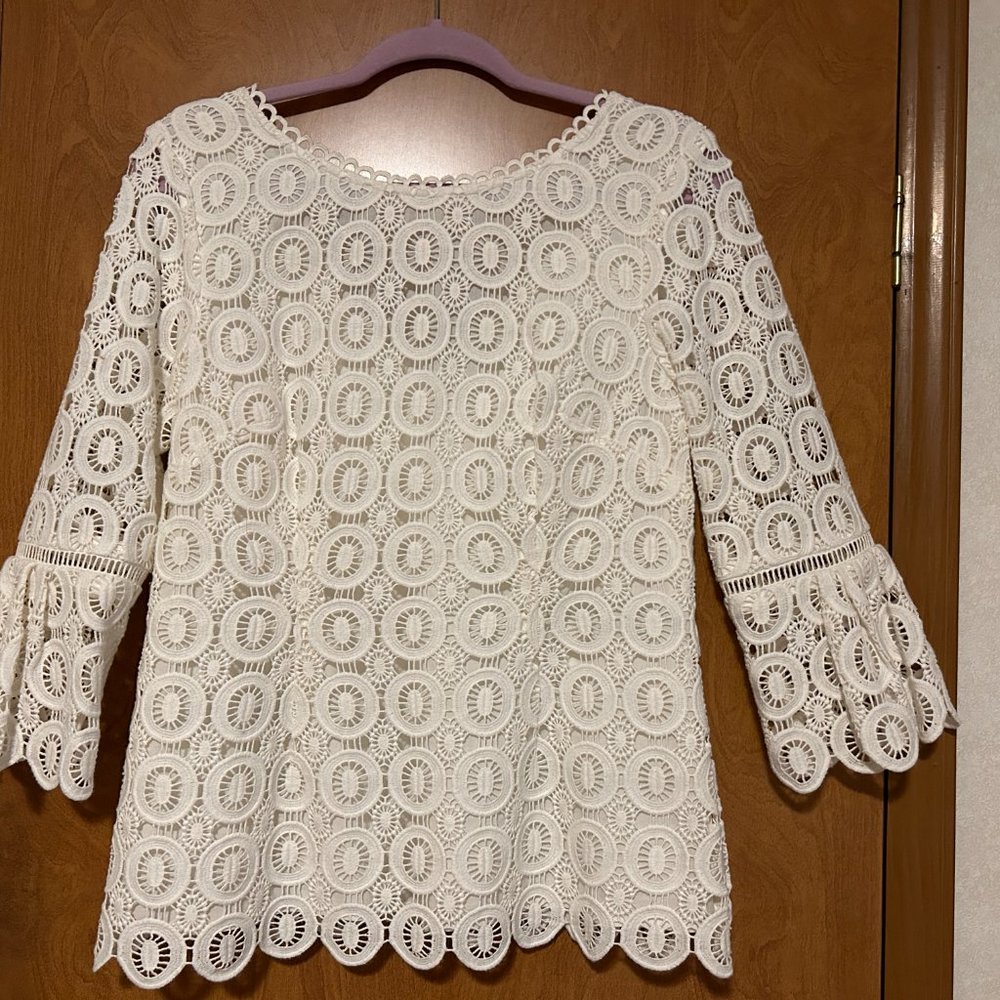 BODEN Sz 14 US 10 White Crochet 3/4 Bell Sleeves Top